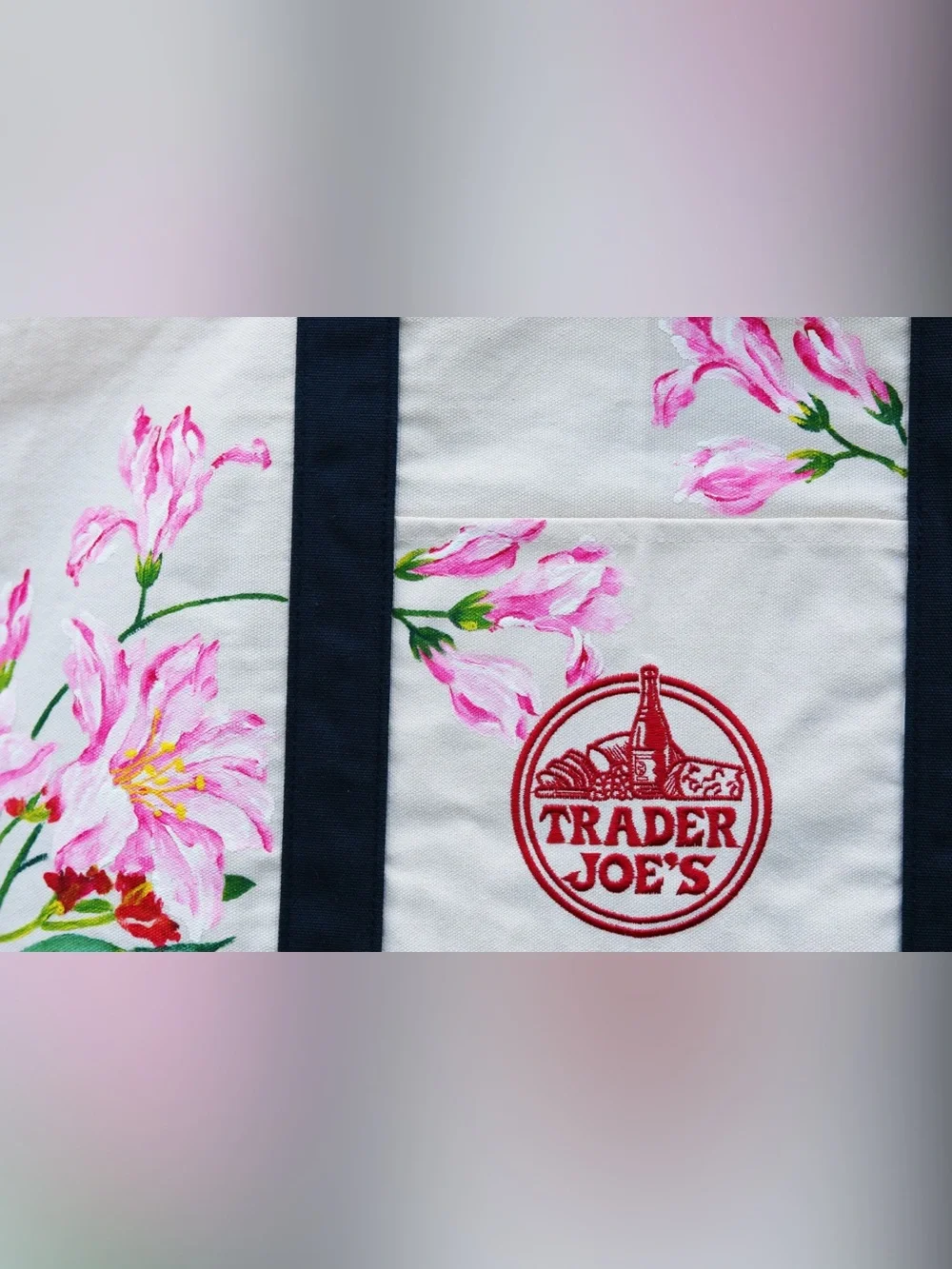 Hand Painted Trader Joe’s Canvas Tote Bag Pink Lily Floral Large Navy Blue